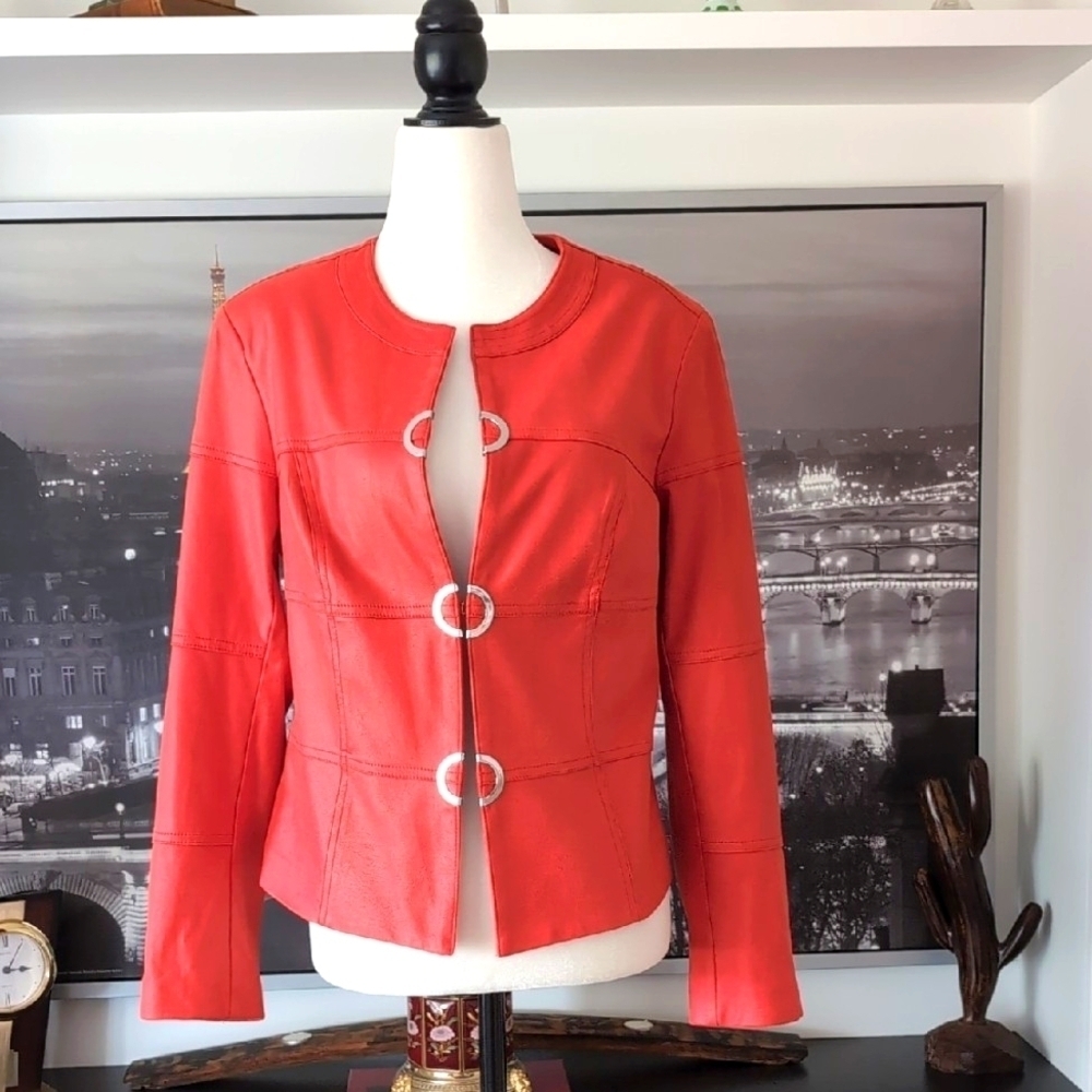 Joseph Ribkoff Women's Elegant Orange/Coral Metallic Suede Jacket, Size M/M.